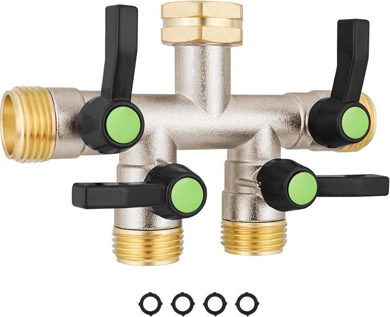 EJW 4 Way Garden Hose Splitter, Heavy Duty Garden Hose Splitter, High Flow Garden Hose Splitters, Fitting 3/4” Brass Outdoor Hose Splitter, Garden Hose Adapter Connector,Water Hose Splitter. - Image 1